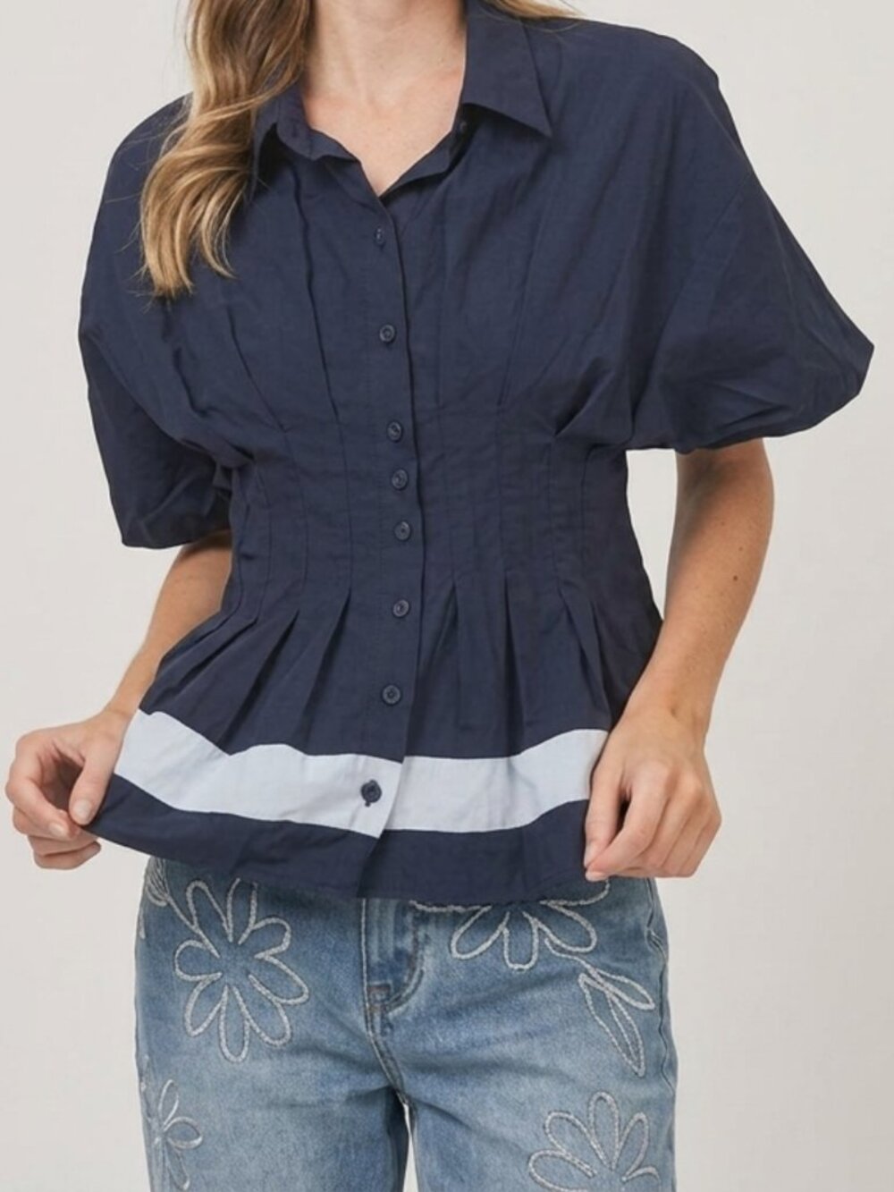 NWT Umgee Navy Dolman Sleeve Button Up Top Sz L Boho Colorblock Hem Nautical